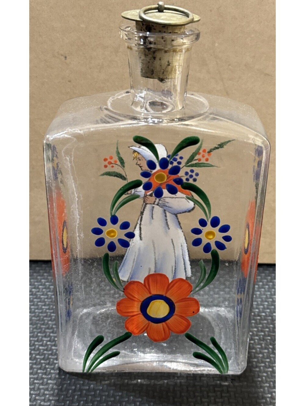 Vtg SWEDEN JOHANSFORS Hand Painted Decanter Bottle FOLKART Peasant - Picture 4 of 6